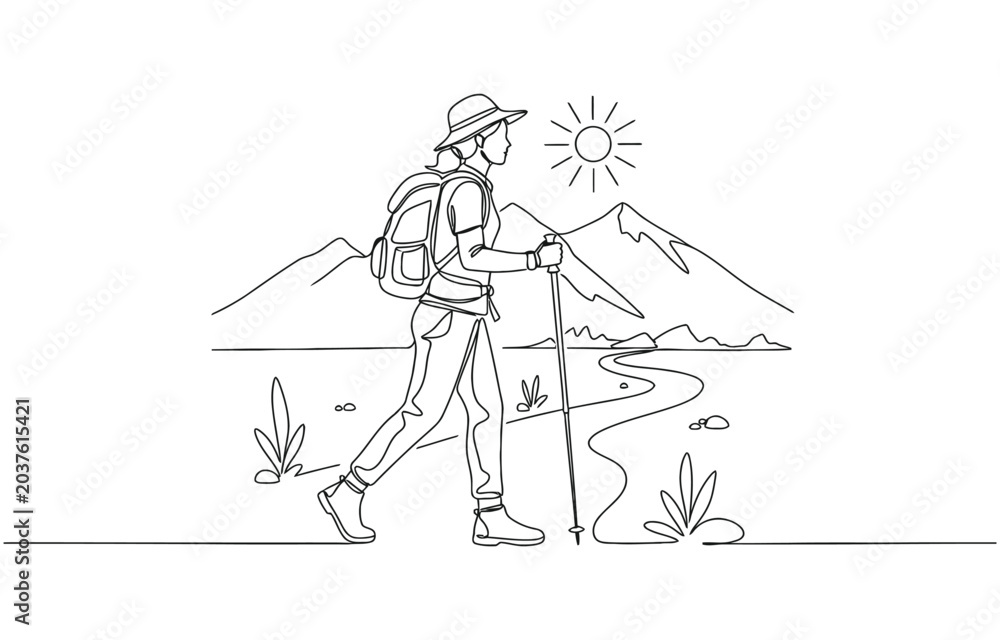 Fototapeta premium One Continuous drawn single art line doodle drawing sketch tourist hiking backpack picnic.