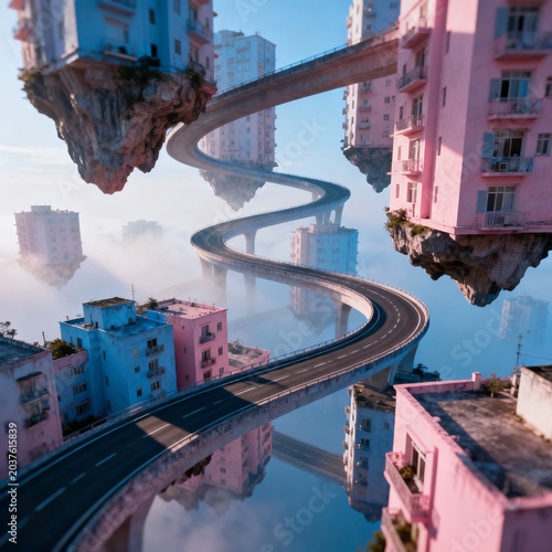 Surreal Floating Cityscape with Pink Buildings and Curved Road