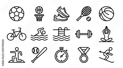 Set of outline sport icons with balls, fitness and outdoor activities