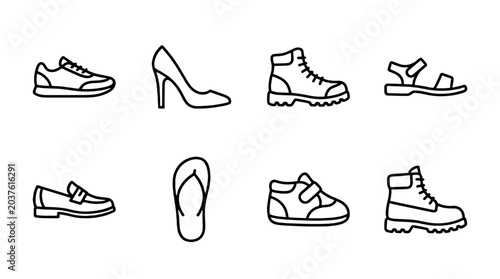 Tableau sur toile Set of outline footwear icons with shoes boots and sandals