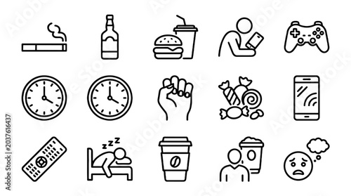 Quadro su tela Outline icon set of bad habits and unhealthy daily behaviors