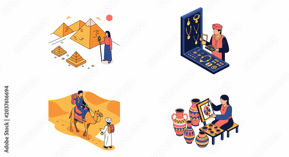Fototapeta premium Isometric vector illustration collection of Egyptian culture featuring the Great Pyramids camel riding desert bazaar jewelry shopping and traditional pottery painting craft scenes