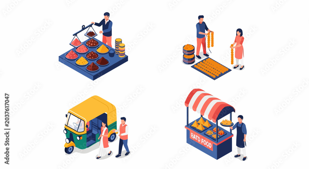 Fototapeta premium Indian Street Market Life With Spice Merchant Rickshaw Food Stall Flower Sellers And Local People