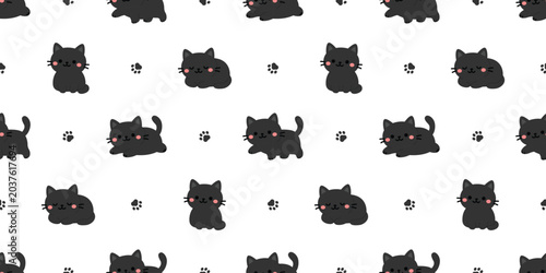 Seamless pattern of cute kawaii black cat flat design style, vector illustration