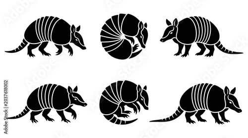 different black armadillo silhouettes on a clean white background, minimalist vector style.