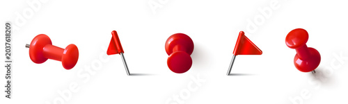 Red 3D pushpin and flag pin icons set isolated on white background. Vector realistic illustration of thumbtack for office board, memo fixing, school collage or map location marker, gps pointer design