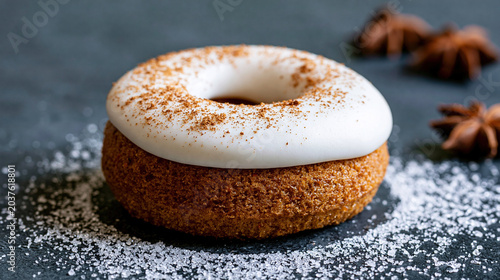 Iced Donut with Cinnamon Sugar on Dark Background
