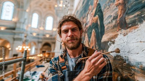 Art restorer painting fresco in historic cathedral