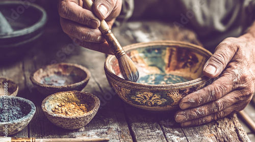 Potter painting ceramic bowl on rustic wooden table