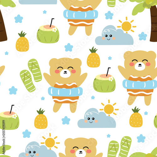 Seamless pattern cute cartoon bear with summer element drawing. cute summer wallpaper for background, gift wrap paper