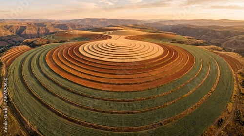 Aerial view of terraced circular agricultural fields