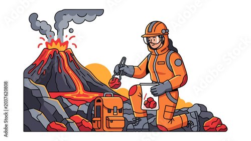 Εκτύπωση καμβά Volcanic Research Adventure: A scientist in protective gear collects samples near an erupting volcano, documenting the fiery flow and volcanic rocks, embodying the spirit of scientific exploration