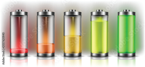 Metallic glass cylindrical lithium batteries showing progressive power charging status stages concept layout vector