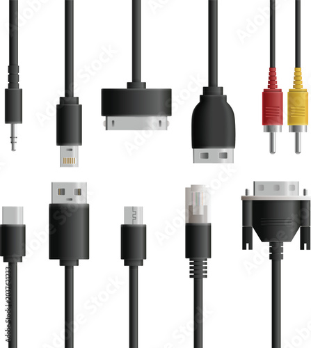 Foto Set of connection plugs including usb type c hdmi ethernet auxiliary and lightni