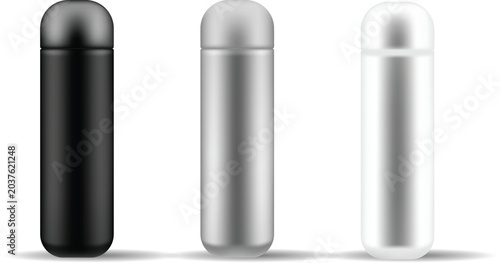 Realistic matte black silver and white thermos bottle mockup template set isolated on plain background vector