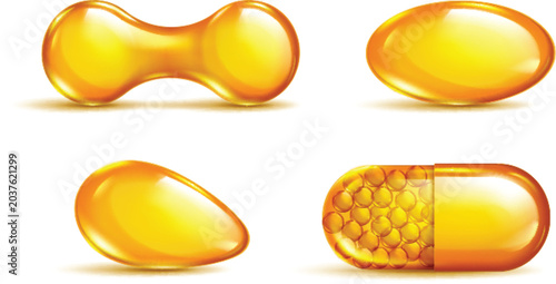 Realistic vector illustration of omega three fatty acid softgel capsules in various organic shapes and sizes vectore