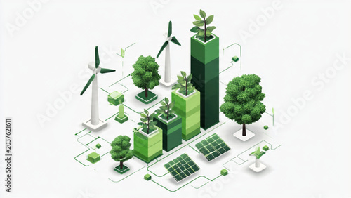Eco-friendly renewable energy concept with wind turbines solar panels green trees and tall building illustrations illustrating sustainability and green technology