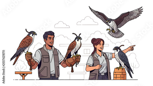 Foto Falconers and Birds of Prey: A stylized illustration depicting skilled falconers with their majestic birds of prey