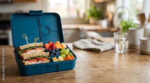 Healthy sandwich and fruit lunch box placed on a wooden kitchen table