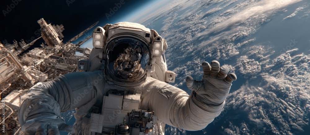 Obraz premium Astronaut floating in space, reaching out with Earth and space station visible in background
