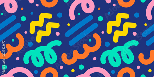 Seamless pattern in colorful memphis style featuring playful geometric shapes, squiggles, and lines on dark blue background. Vibrant vector banner for fabric prints and web headers