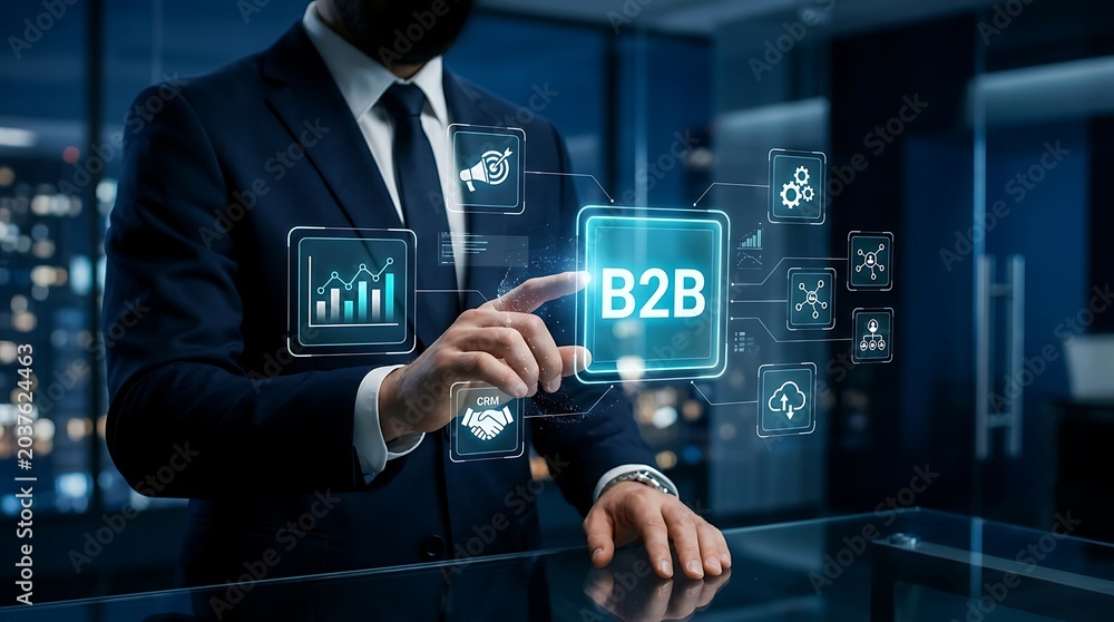 Obraz premium Professional manager pressing a glowing B2B digital button on a glass desk to activate enterprise business networking and CRM solutions