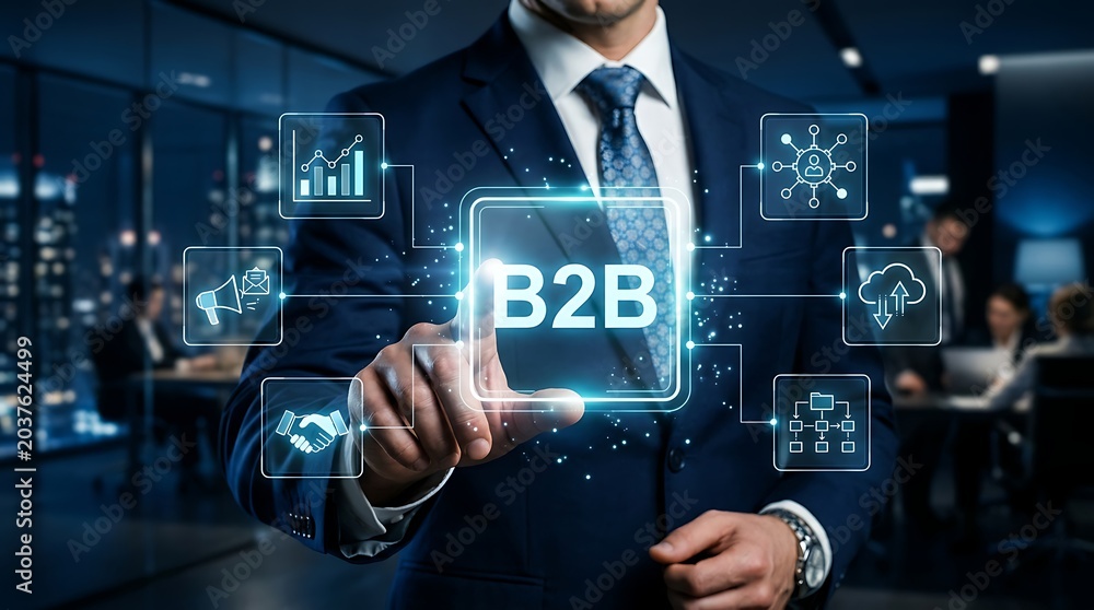 Obraz premium Businessman using B2B holographic interface during a corporate meeting to analyze enterprise digital marketing and cloud networking strategies