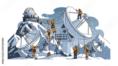 Obraz na plátně Astronomers at Work: A group of astronomers, clad in protective gear, work amidst snow and mountains to install and maintain a series of large satellite dishes and an observatory