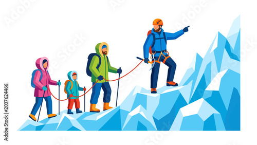Billede på lærred Family Adventure on the Summit: A family, including parents and children, embarks on an exhilarating mountain climbing expedition, roped together for safety as they ascend a treacherous icy peak