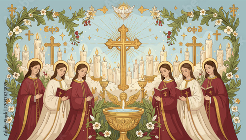 Fotografía Six robed figures with books flank a golden cross, baptismal font, and numerous candles under a dove, surrounded by floral garlands