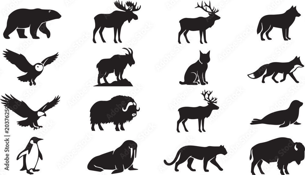 Fototapeta premium Collection of black silhouette wild animals including polar bear moose deer wolf owl eagle penguin musk ox