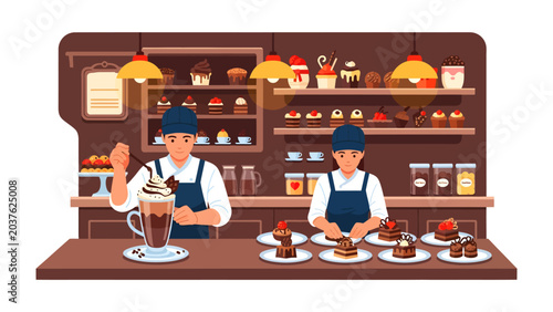 Fotografija Confectionery Creation: Two bakers meticulously prepare sweet treats behind a counter filled with delectable pastries and rich chocolate drinks