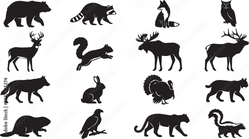 Fototapeta premium Collection of diverse North American wildlife animal silhouettes for design purposes
