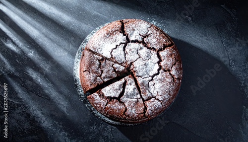 Rich Flourless Chocolate Torte with Cracked Brownie-Like Surface Dusted in Powdered Sugar, Overhead View