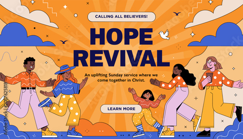 Foto An uplifting illustration of diverse people celebrating a 'Hope Revival' event, featuring vibrant colors and a message of unity and faith