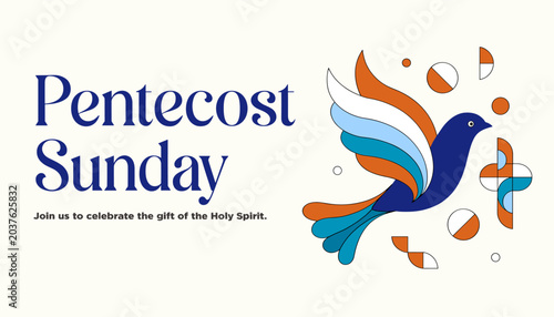 Fotografie A graphic banner for Pentecost Sunday featuring a stylized dove in blue, orange, and white, with text inviting celebration of the Holy Spirit