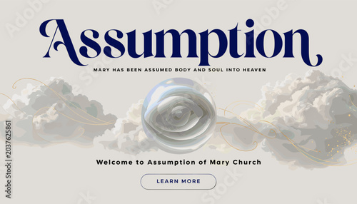 Tableau sur toile A religious graphic with Assumption text, clouds, and a central swirling orb, welcoming to Assumption of Mary Church