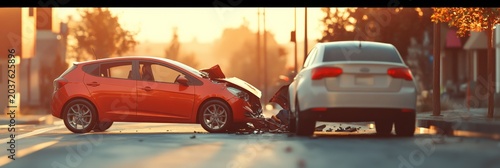 Two cars have crashed at an intersection during sunset, causing significant damage and potential traffic problems, leading to an insurance claim and repair costs