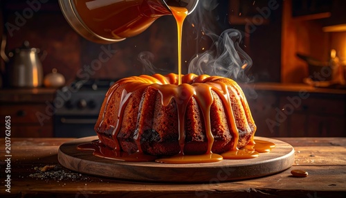 Rich Molten Caramel Bundt Cake Fresh From the Oven Drizzled with Thick Warm Caramel Sauce