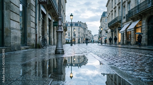 Quiet City Street After Rain on Fresh Morning