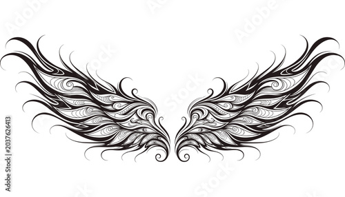 Konstfotografi Intricate black and white stylized wings with swirling feather details, symmetrical ornamental design
