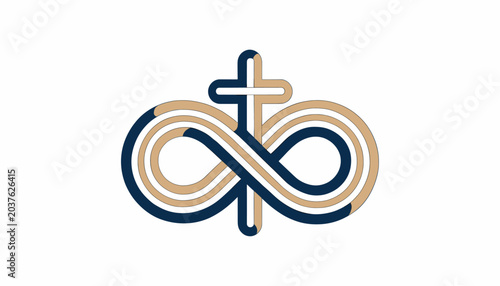 Konstfotografi A stylized logo combining an infinity symbol with a Christian cross, featuring intertwined dark blue and beige lines on a white background, representing eternal faith and connection
