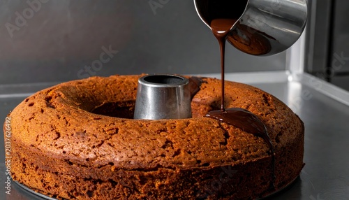 Rich Molten Chocolate Glaze Being Poured Over a Freshly Baked Golden Bundt Cake