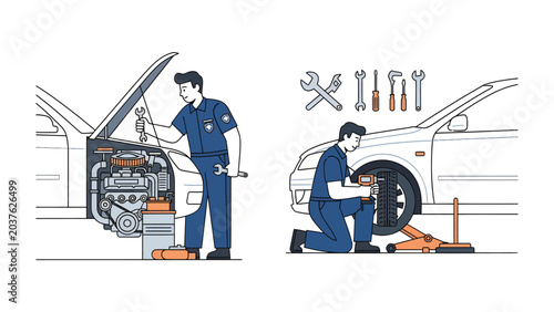 Schilderij op canvas Car Repair Mechanics: A set of illustrations depicting auto mechanics working on cars, one checking the engine and another replacing a tire