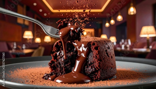 Rich molten chocolate lava cake split open with a fork, revealing liquid chocolate flowing, served on a plate with cocoa powder