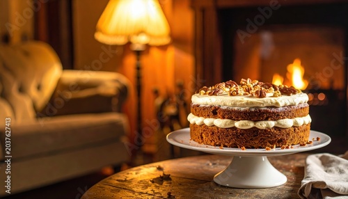 Rich Rustic Carrot Cake With Cream Cheese Frosting and Chopped Walnuts, Ready for Enjoyment on a Cozy Table