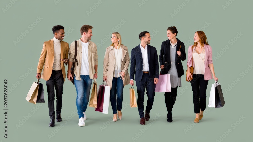 Obraz premium A diverse group of six adults walking together, carrying shopping bags, in a busy urban setting with a muted green background, conveying a sense of social interaction, community, and consumerism.