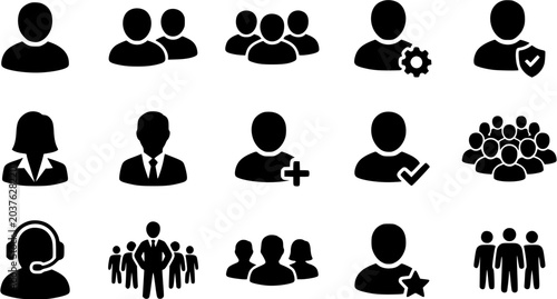 Set of user and group avatar icons representing business people and human resources management, isolated on white background.