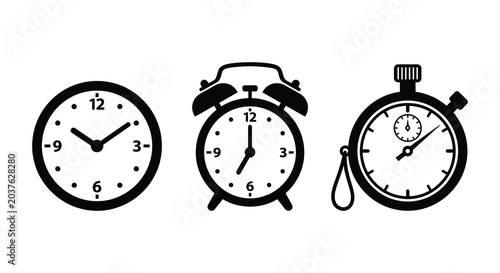 Фотография Wall clock alarm clock and stopwatch silhouettes against a white background silh
