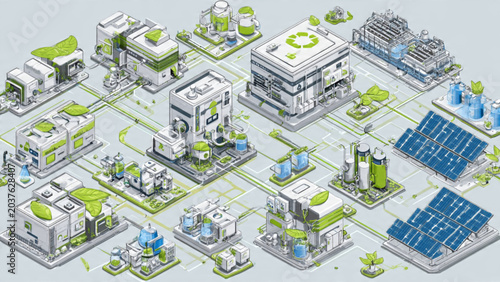 Advanced eco-friendly smart city with solar panels green roofs and modern buildings for sustainable urban development